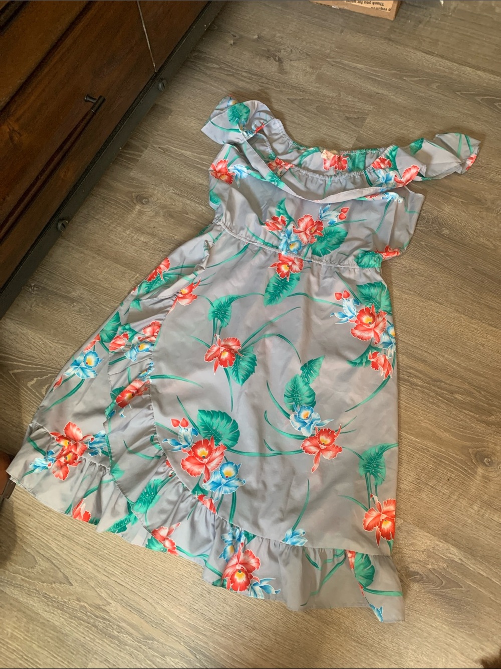 Gray Floral Asymmetrical Off-Shoulder Dress with Ruffle Hem